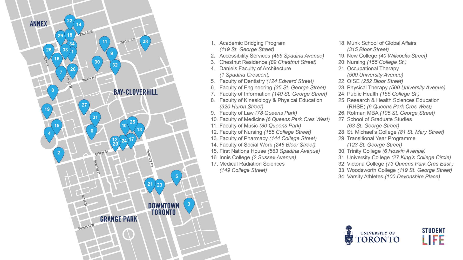 Map showing location of all on-location services for Student Life