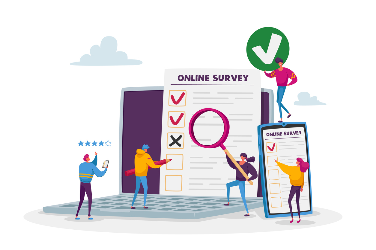 cartoon of people completing online surveys