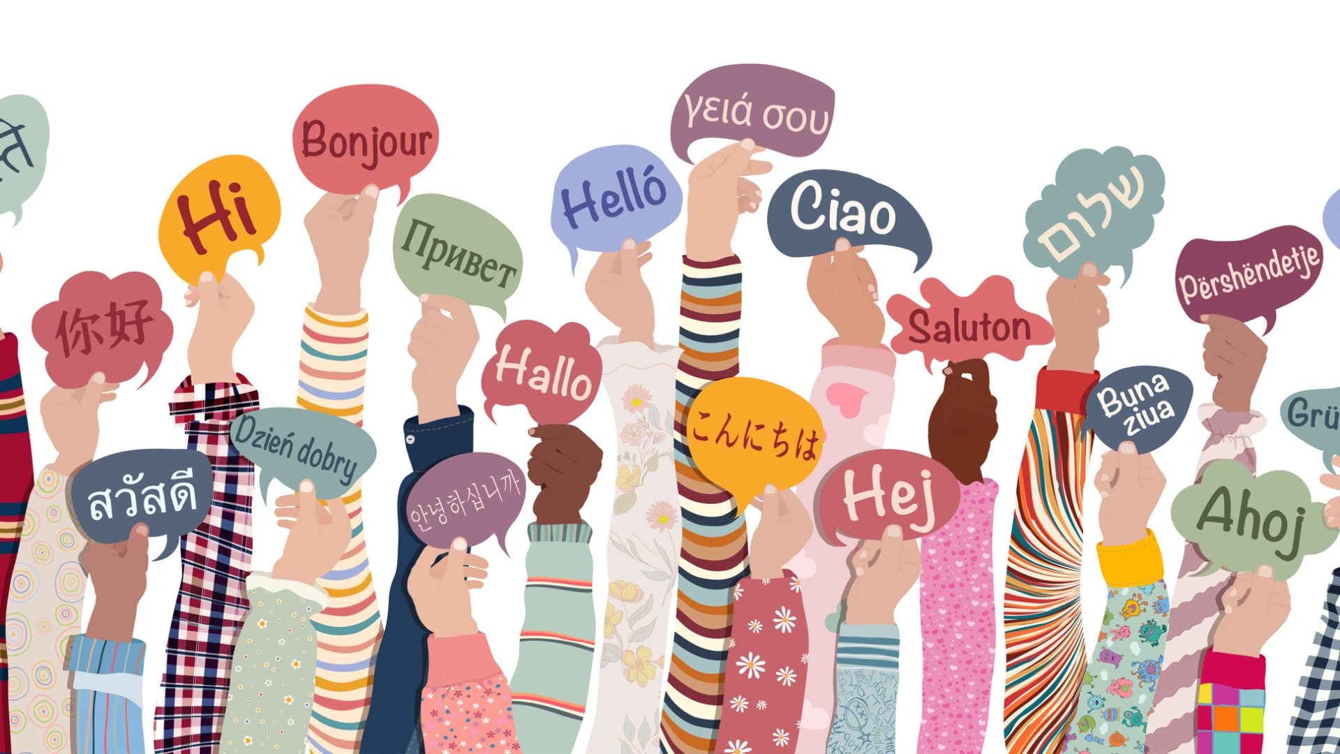 hands holding up speech bubbles with hello is various languages