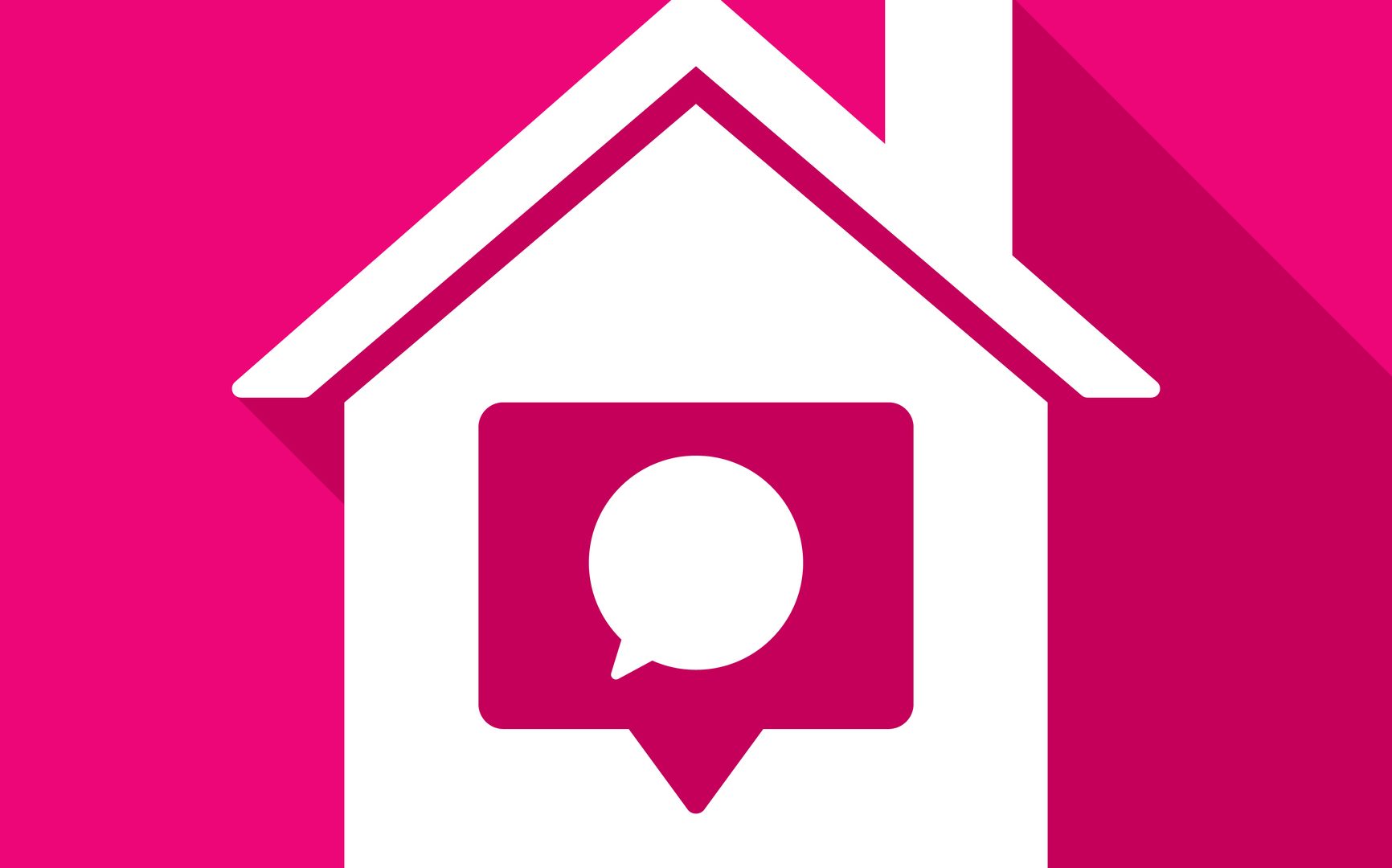 house with heart in speech bubble icon against a pink background