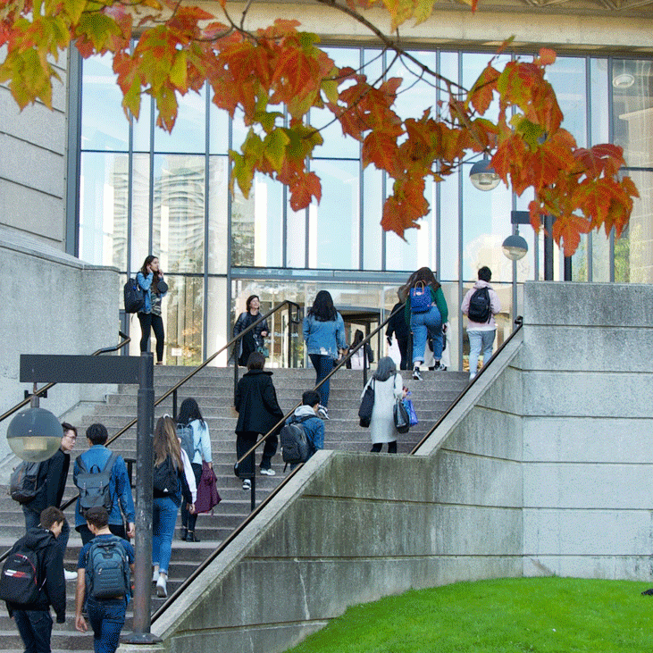 Students walking on the east facing stairs at Robarts Library.