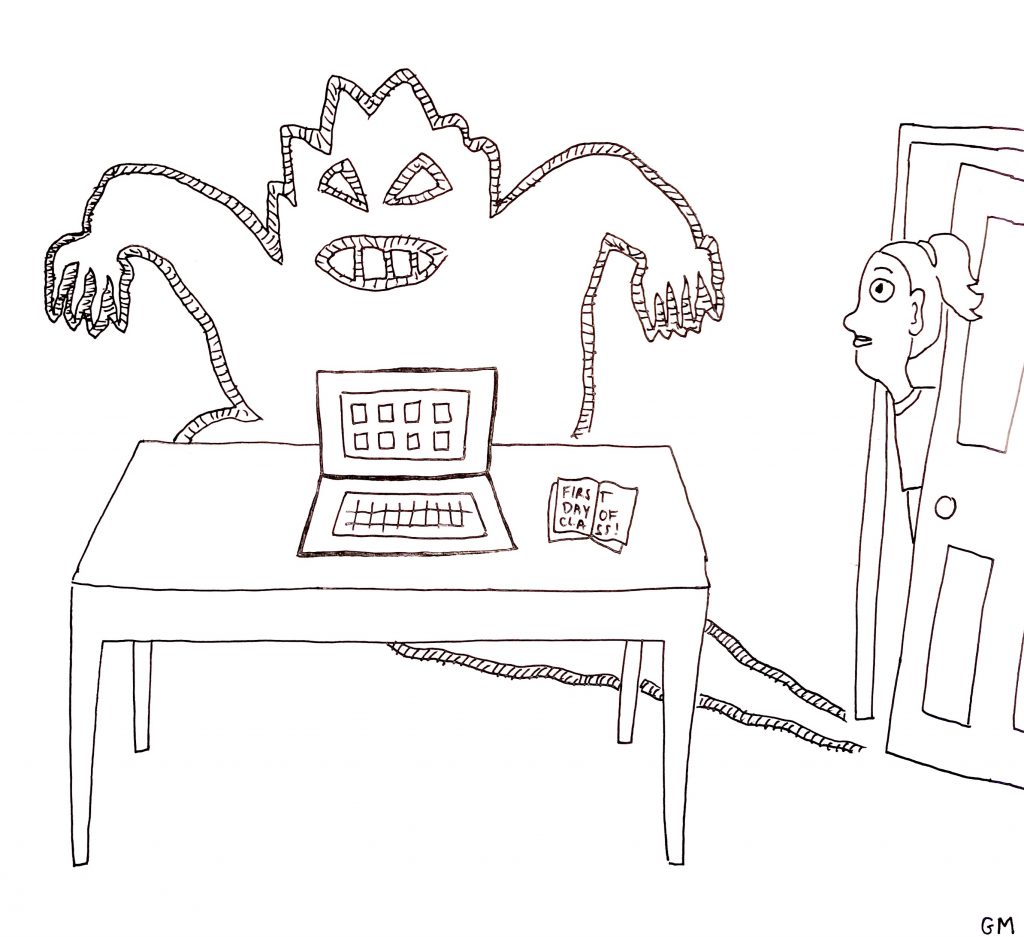 Cartoon drawing of a girl looking at her laptop that has a shadow of a monster behind it
