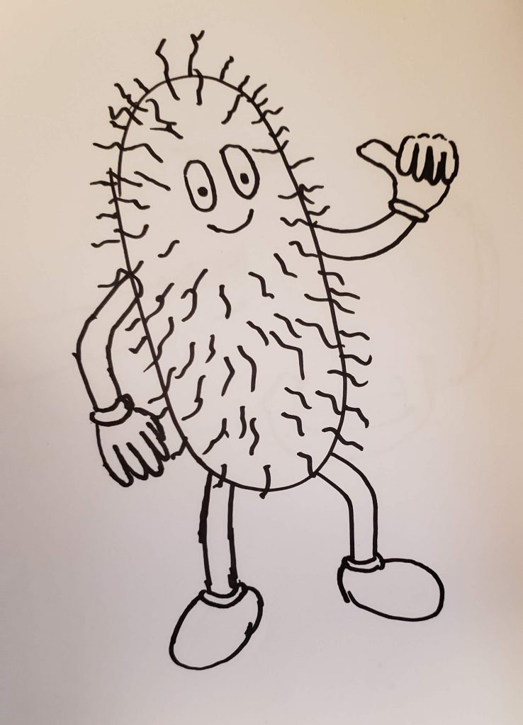 A doodle of an E. coli cell that is smiling and giving a thumbs up 