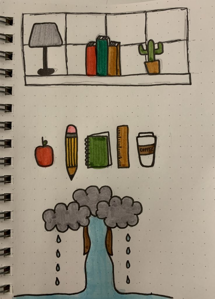 A drawing of a lamp, books, cactus, school supplies and raining clouds