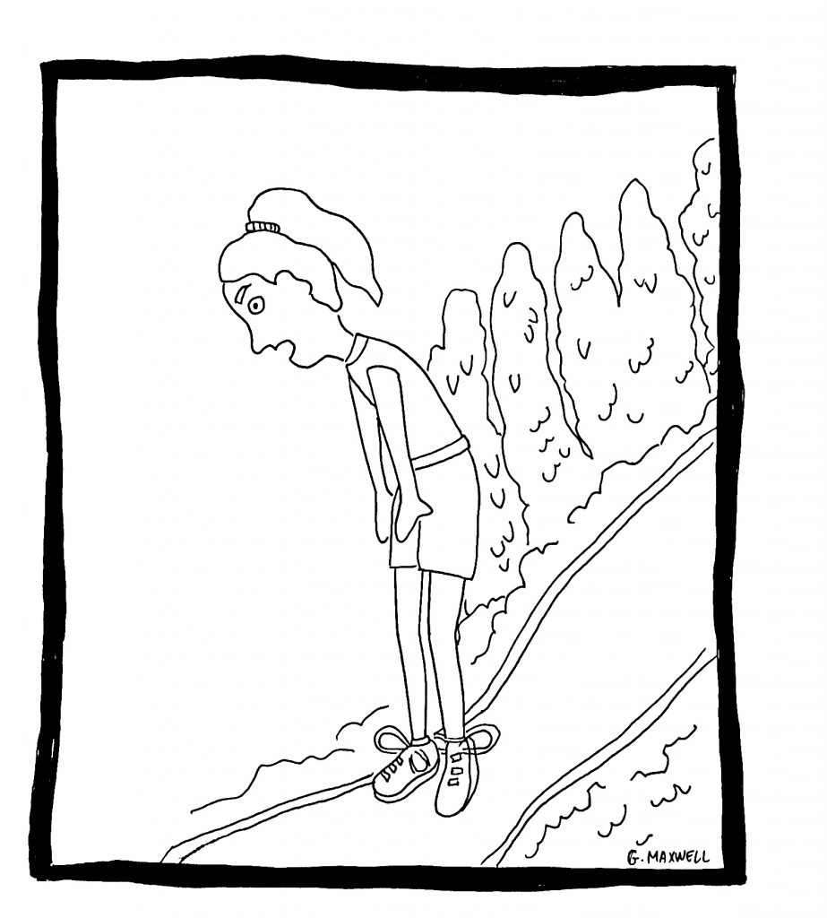 cartoon drawing of girl stopping mid run with her hands on her knees