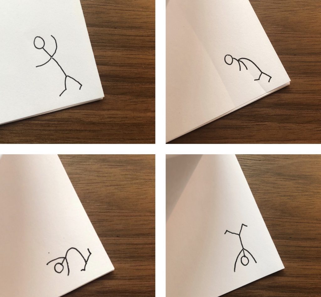 4 images of a corner of a piece of paper, each one has a stick man who is in a different stage of doing a hand stand. They are organized in a grid
