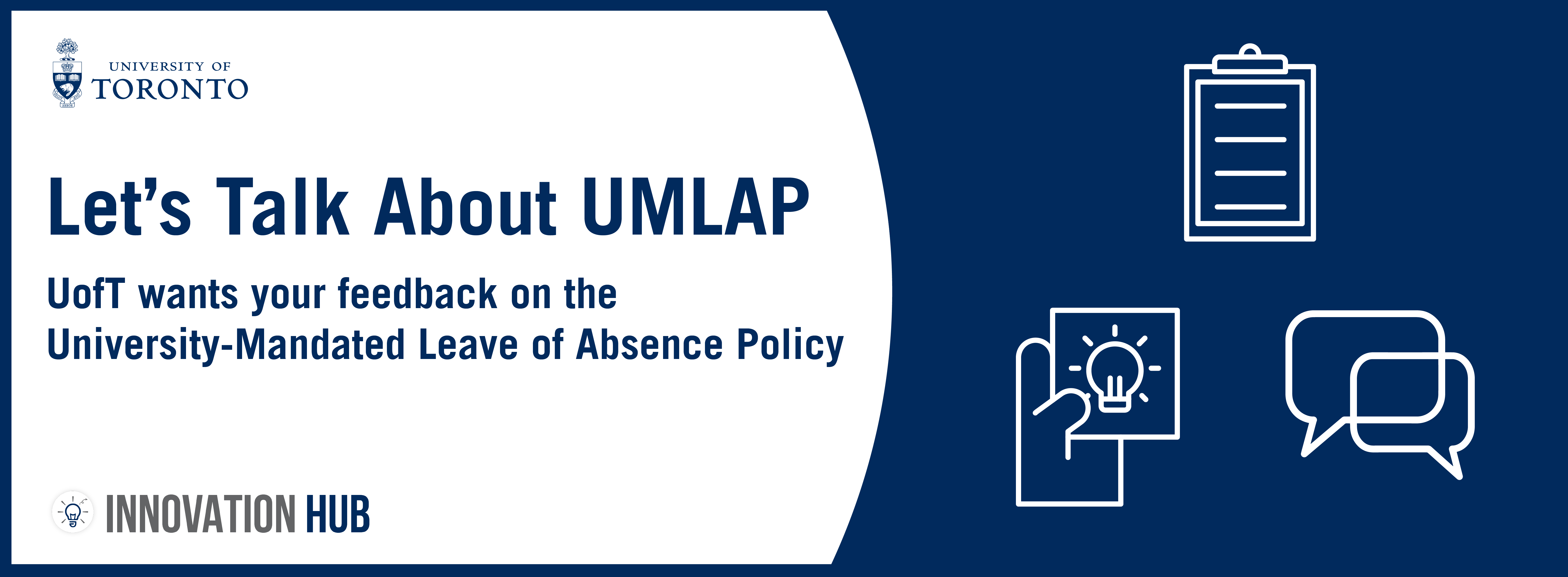 A blue and white banner that reads 'Let's Talk About UMLAP'. Icons of conversation, forms, and sharing ideas is depicted throughout.