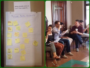 Left: chart paper with sticky notes on it, Right: people sitting on chairs and talking with each other