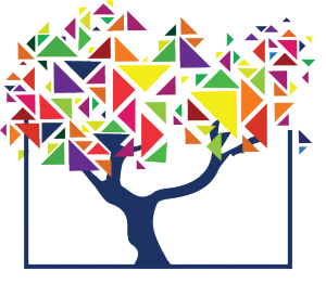 A tree with colourful triangles as leaves, growing outside the walls of a box