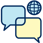 Two speech bubbles overlapping with an icon of a globe in the top right-hand corner