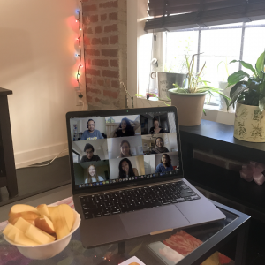 Laptop on a coffee table with 9 individuals on a screen sharing stories. A bowl of apples is next to the computer for a snack, and the space has lots of plants and colours. 