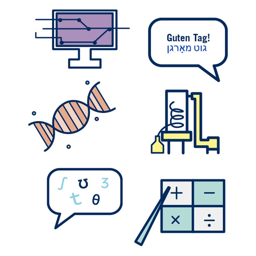 A series of icons representing departments in Arts Science, such as a computer, math, a DNA strand, and more.