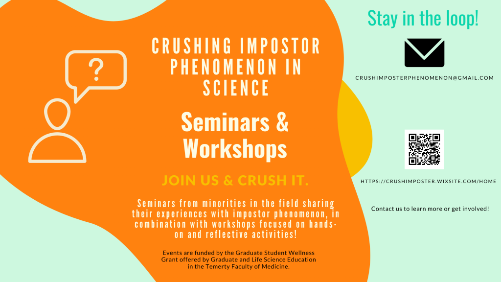 A blue & green colourful graphic that reads "Crushing Impostor Phenomenon in Science - Seminars & Workshops". There are additional contact details listed, which are provided in the body text. 