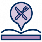 An illustrated icon of an open book. Above the book is a pair of eating utensils.