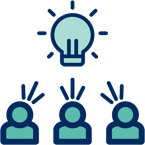 An illustrated icon of three people conversing with each other with a lightbulb above their heads 