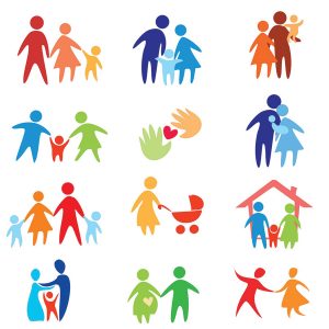Colourful icons of individuals, representing different types of people and families