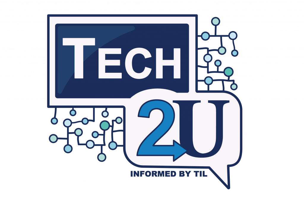Logo representing Tech2U with a blue and white tablet and a conversation bubble overlapping.