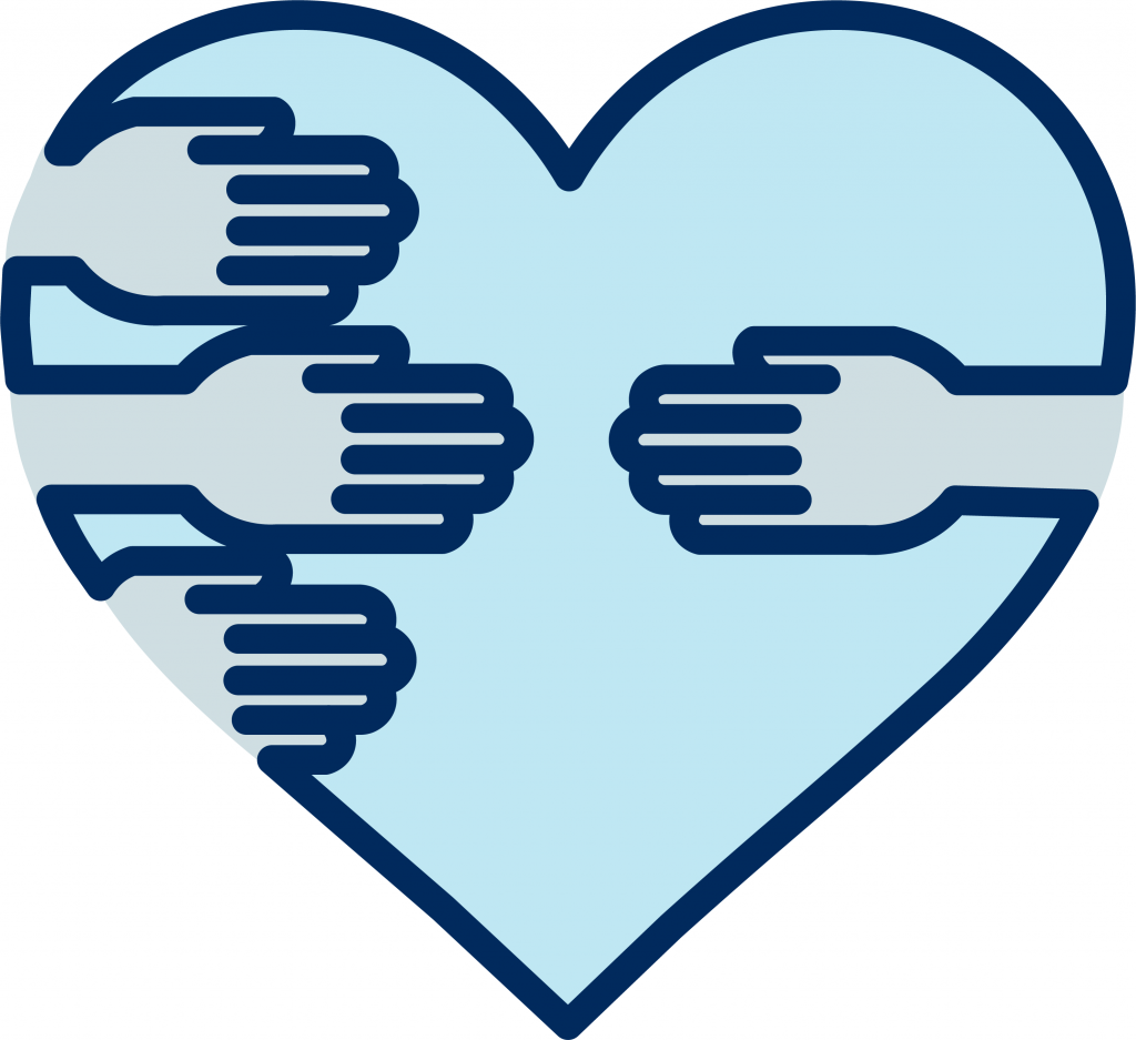 An illustration of hands reaching around a heart towards another individual