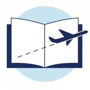 An open book with an airplane flying out of the page