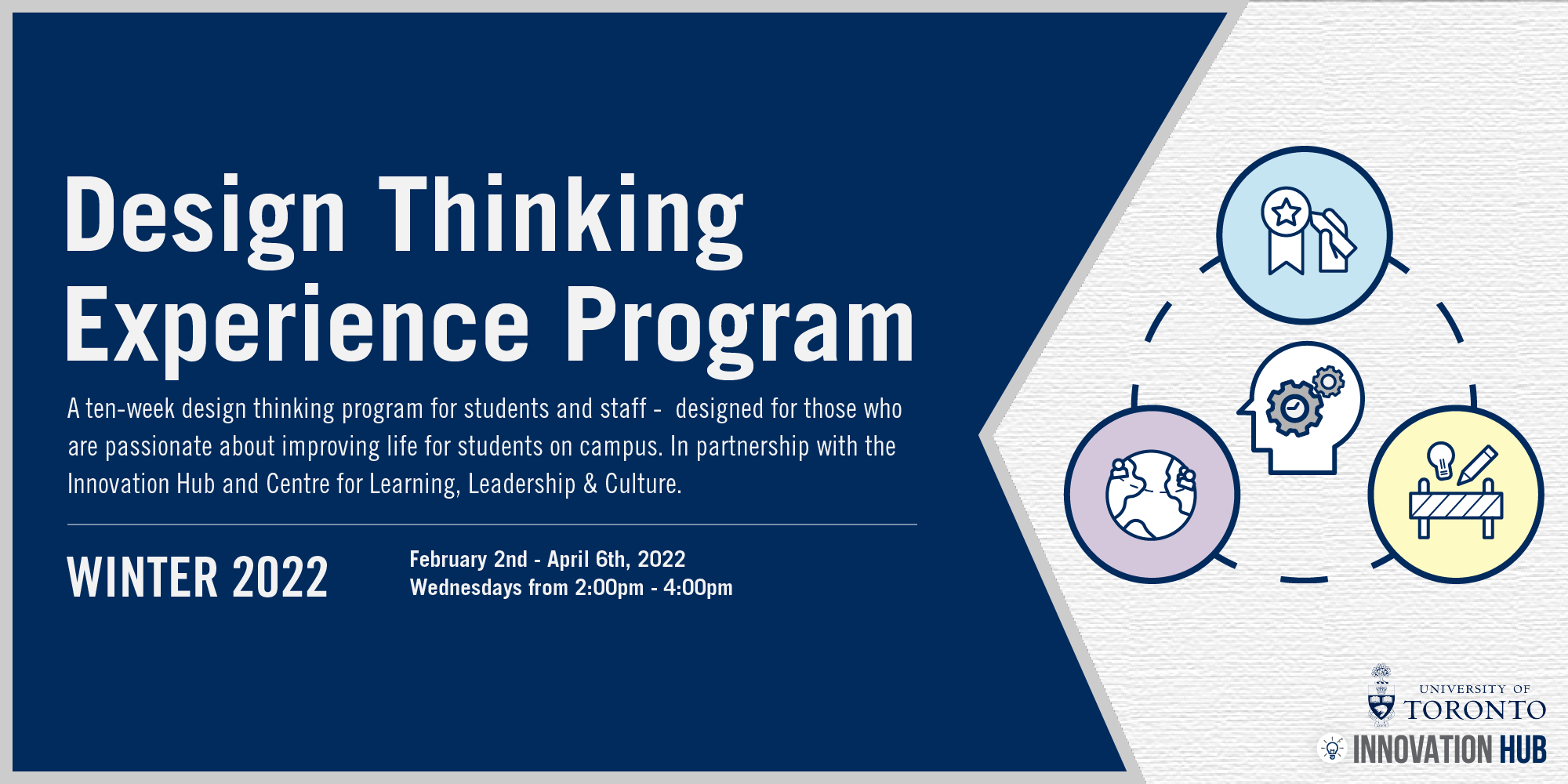 A blue and white graphic that reads 'The Design Thinking Experience Program' with colourful icons representing innovation and collaboration