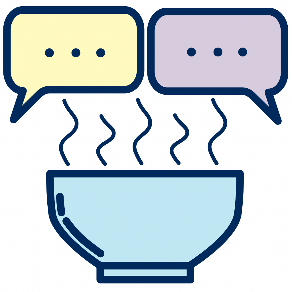 bowl icon with steam coming out of it and two conversation bubbles beside it