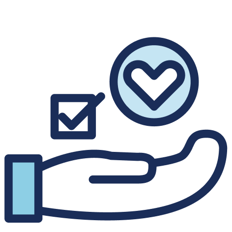 Icon of a hand holding a check mark and heart