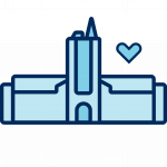 Icon of the university college bulding with the blue heart placed above the building