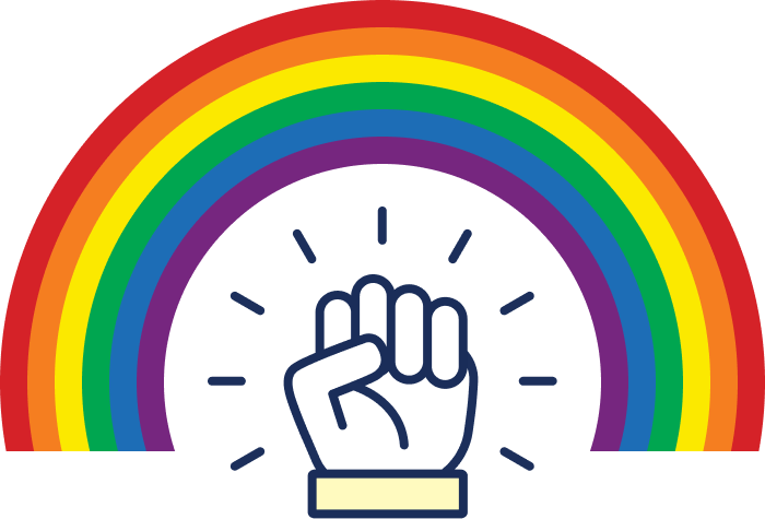 A fist pointed up with a rainbow