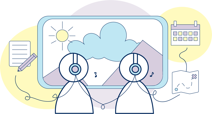 two people with headphones listening to music in front of a window with a sun, cloud, and mountains. images of a pencil and paper, calendar, and map