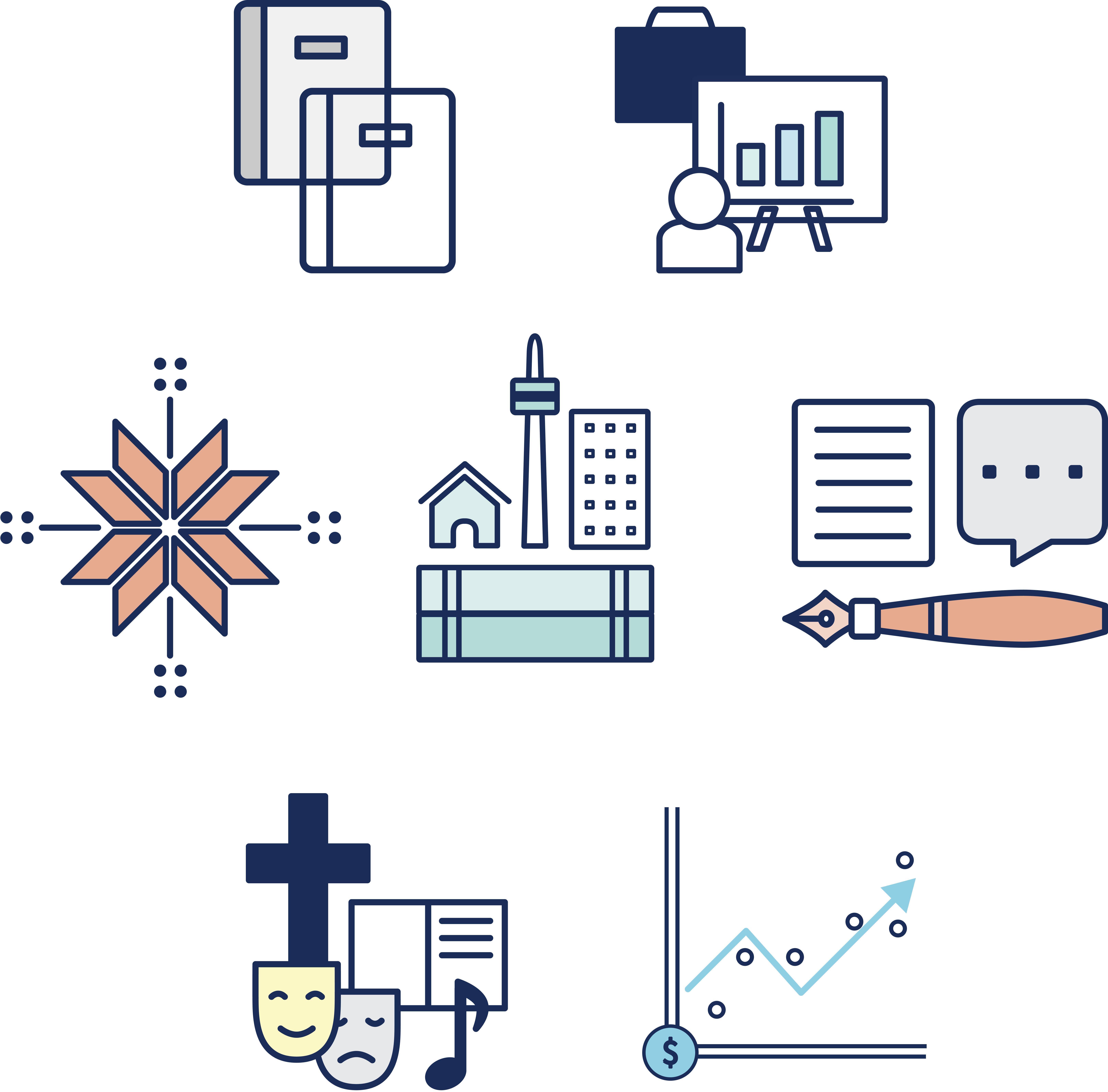 A series of icons representing departments in Arts Science, such as books, graph, drama masks, music notes, and more.