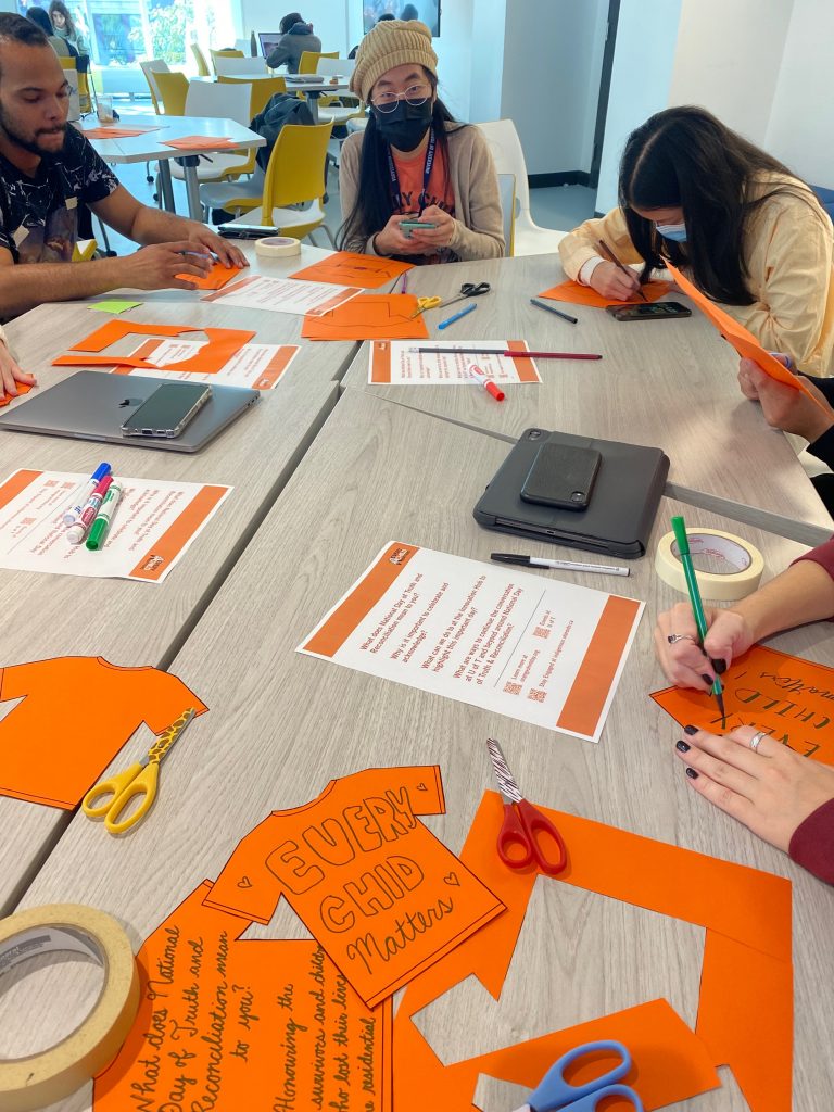 iHub members writing and colouring orange t-shirt cutouts at a table.