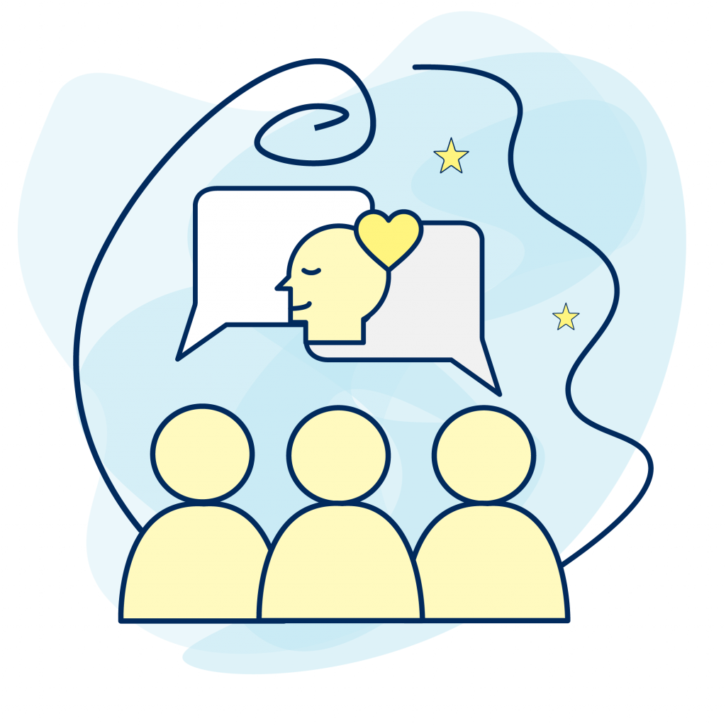 3 people under a speech bubble with a head and a heart