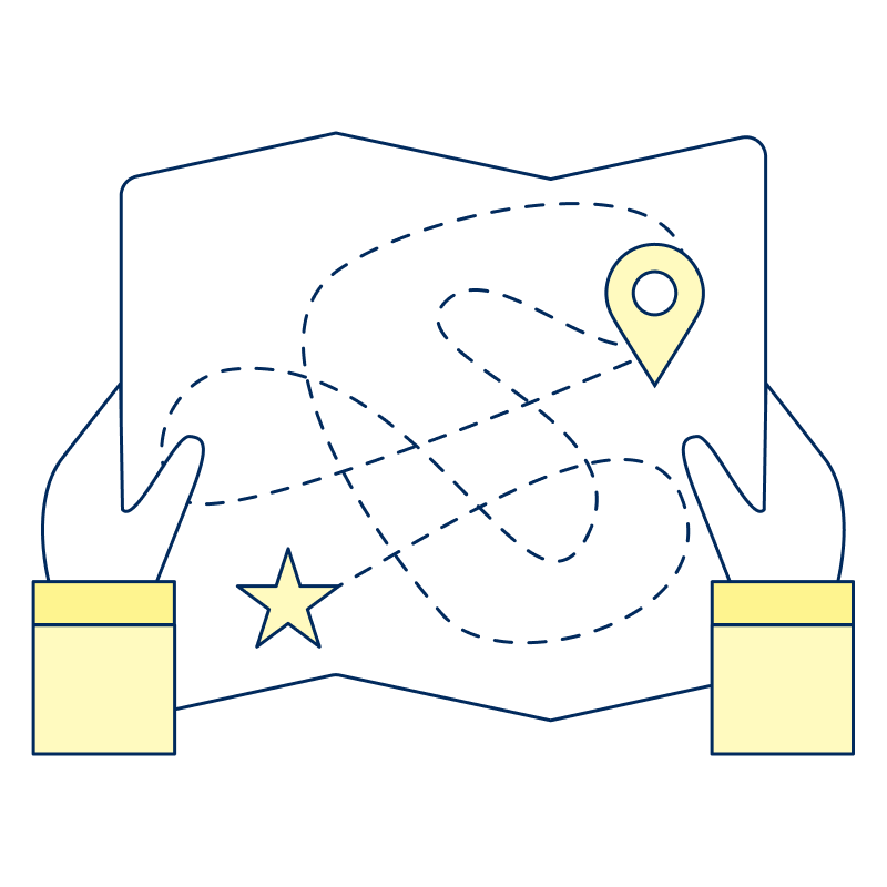 Holding a map with a start leading to a location in an winding manner