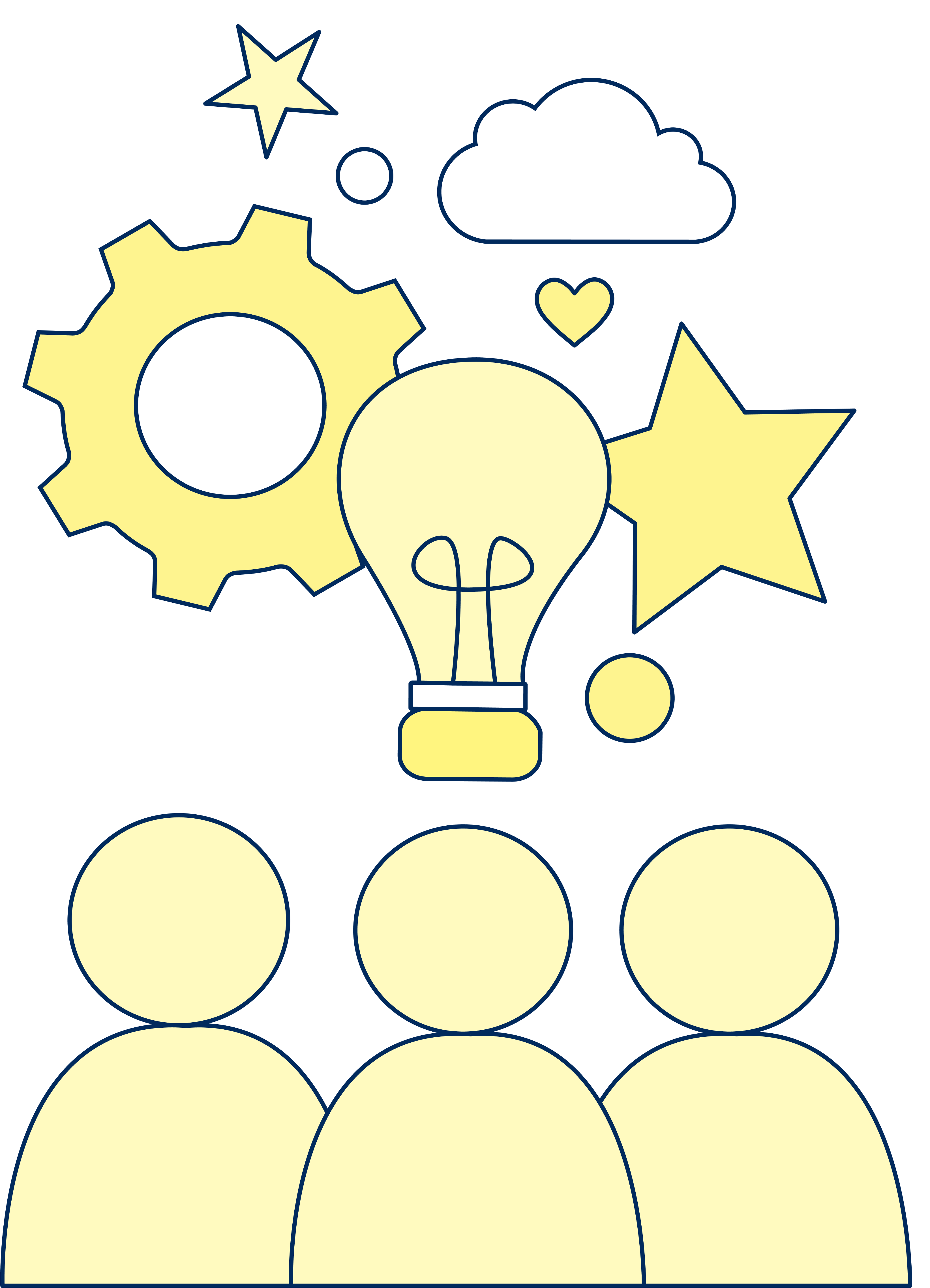 3 people with light bulb, gear, star and cloud above
