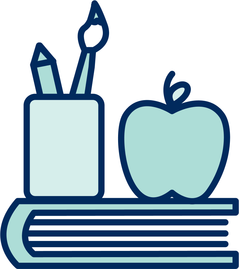 Book, pen holder with paintbrush, and an apple