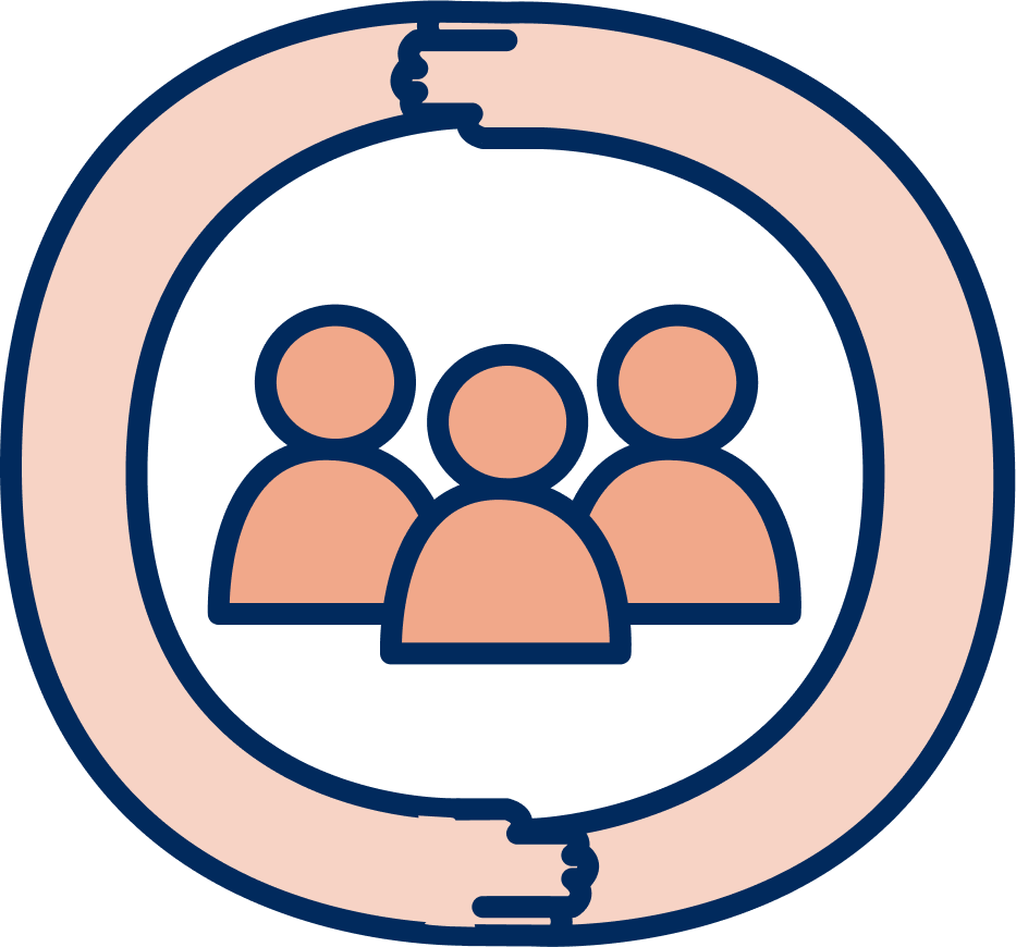 Three people surrounded by two hands forming a circle