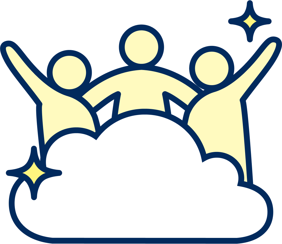 Three people behind a big cloud