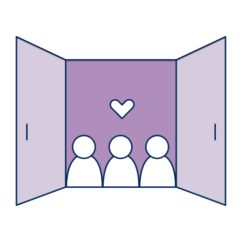 An open door with three people and a heart inside