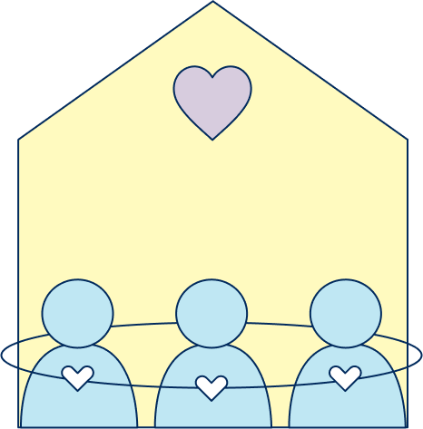 Three people encircled by a ring of hearts.