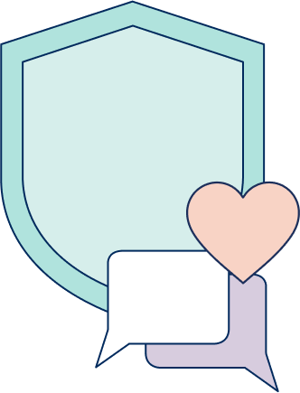 A shield with a heart and speech bubbles in the corner.