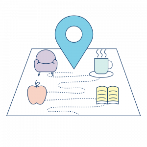 Map with a couch, coffee, book, apple, landmark icon
