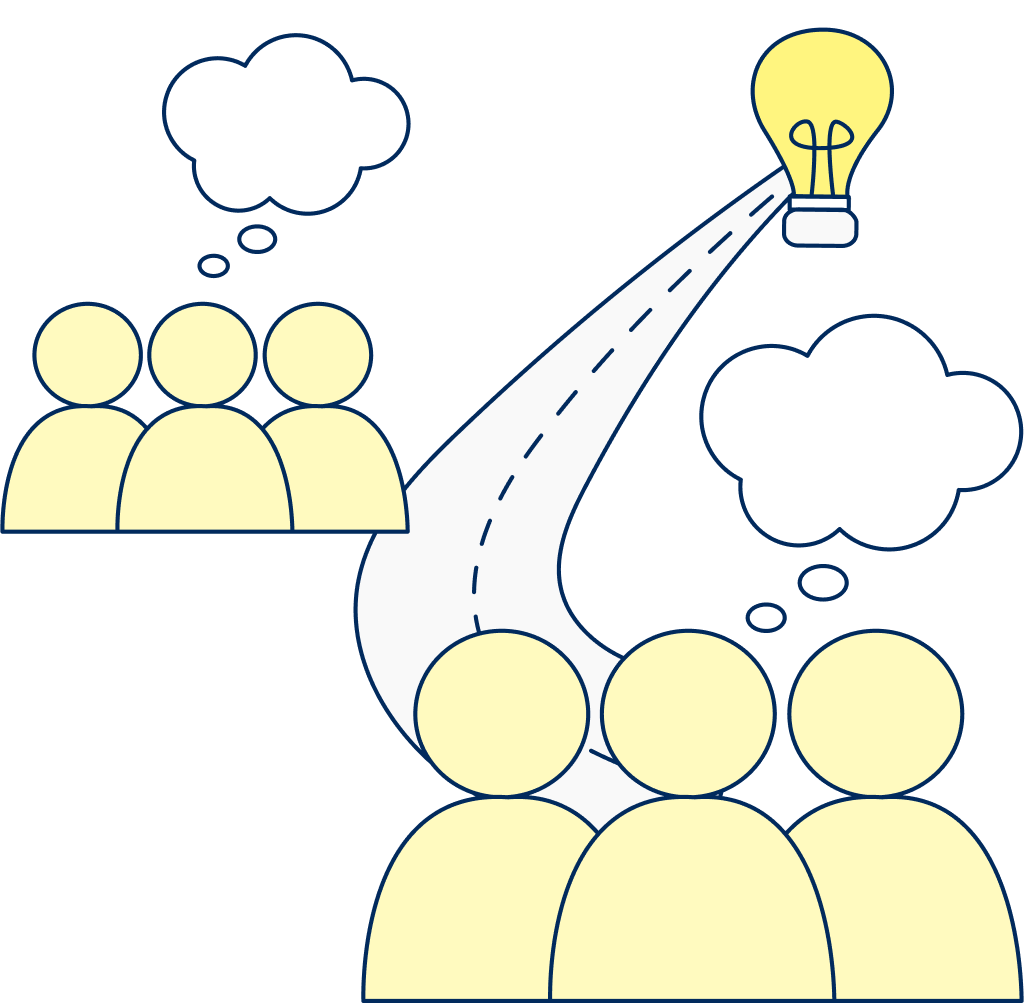 Three people at the bottom of a path with a lightbulb at the end, and another group of three halfway on the same path, all have a speech bubble. 