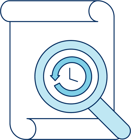 A paper with the top and bottom scrolled inward with a magnifying glass in the bottom right, and inside the magnifying glass there is a clock with an arrow circling it going counterclockwise 