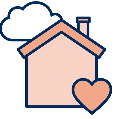 A red house with a cloud in one corner and a heart in the opposite corner.