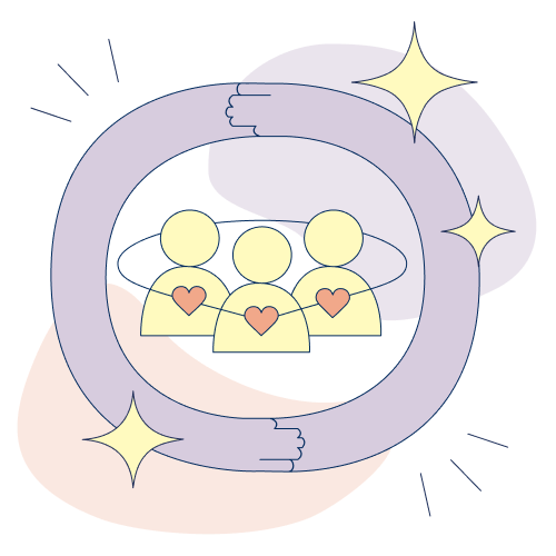 Three people surrounded by an interlocking circle and stars