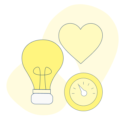 A light bulb, heart, and gauge