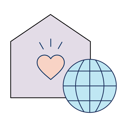 Icon of a house encasing a heart and lying next to a globe