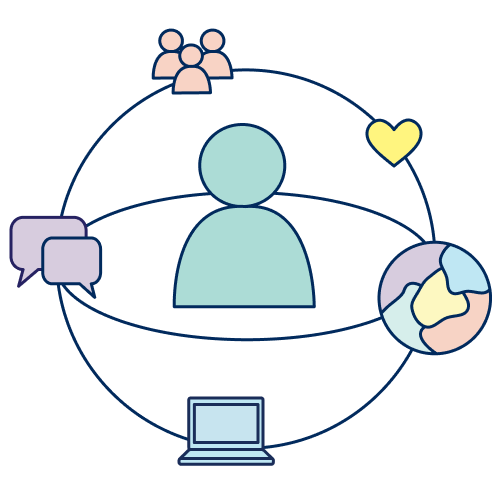 Icon of a person being in a center of a globe of connections through laptop and chat bubbles
