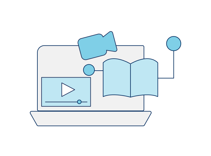 Play button, video camera, notebook connected with two circles and a screen