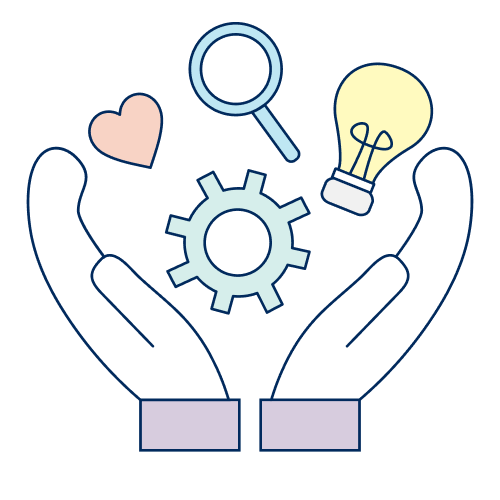 Hands holding a heart, magnifying glass, lightbulb, and a gear